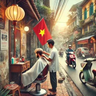 Scène de barbier de rue à Hanoï, Vietnam, avec un coiffeur coupant les cheveux d'un client sur le trottoir, entouré de l'agitation urbaine