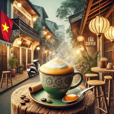 Un café à l'œuf traditionnel à Hanoï, Vietnam, servi dans une tasse en céramique sur une table en bois, avec une ambiance de café local